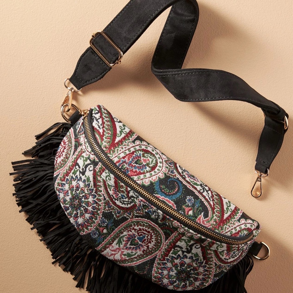 Anthropologie Crescent Fringe Tapestry Crossbody Bag